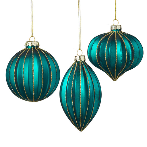 Dark Peacock Blue & Gold Glass Bauble Christmas Tree Decorations - 3 shapes