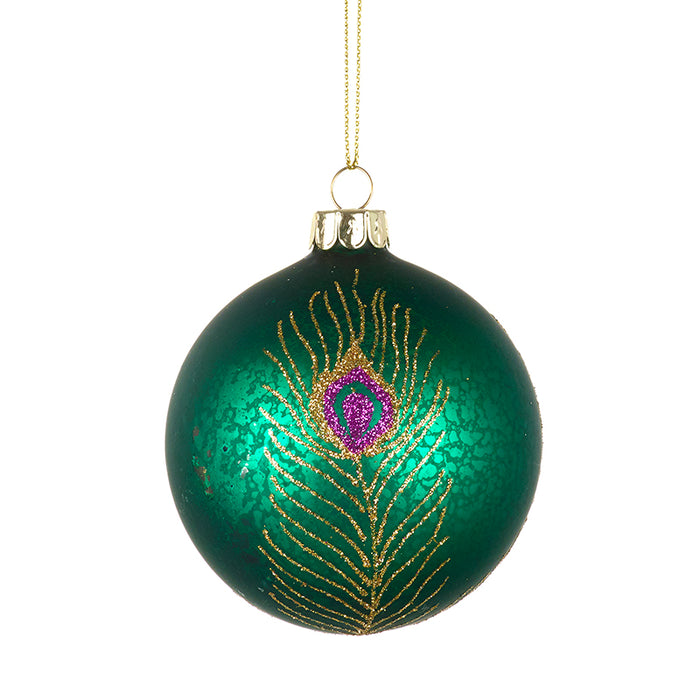 Turquoise Glass Christmas Bauble Peacock Design