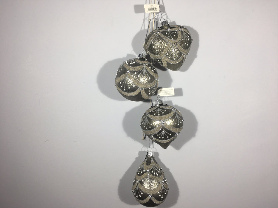 Ornate Set of 4 Dark Silver Christmas Baubles