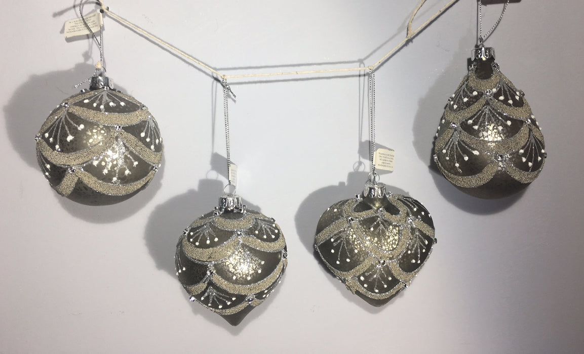 Ornate Set of 4 Dark Silver Christmas Baubles