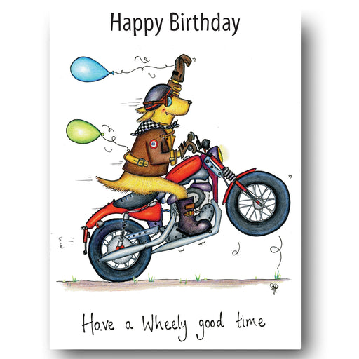 Biker Greeting Card - Happy Birthday, Have a Wheelie Good Time