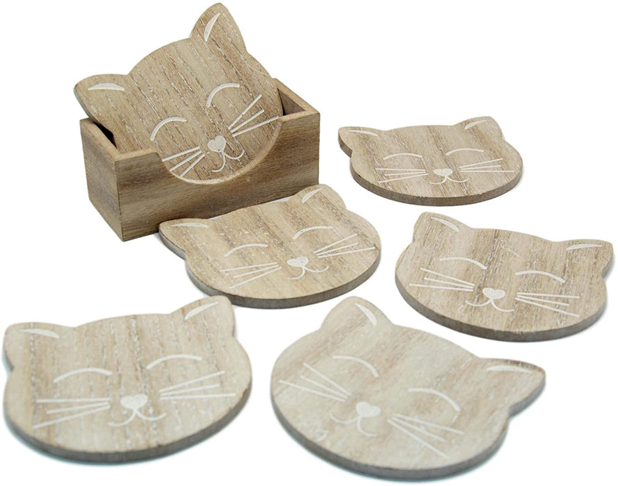 Cat Coasters - Set Of Six Carved Wooden Coasters