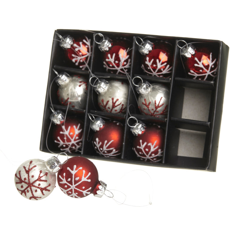 Mini Christmas Baubles - Red Silver Snowflake - Set of 12
