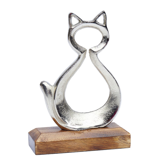 Cat Sculpture on a wooden plinth - Silver Cat Ornament