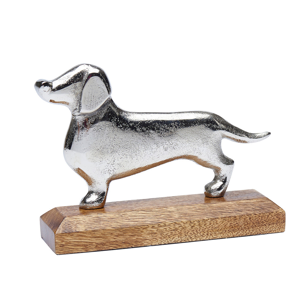 Metal Dachshund Dog Sculpture on a wooden plinth