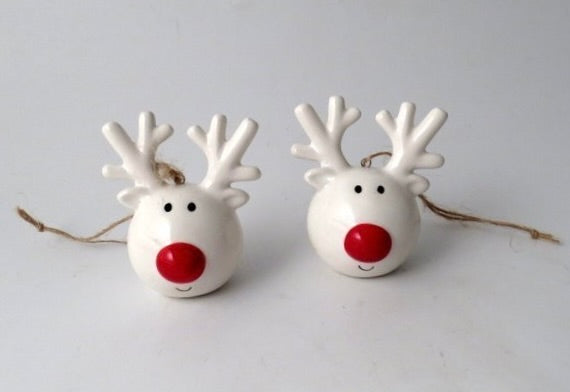 Reindeer Head Ceramic Hanging Christmas Tree Decorations - Set of 2