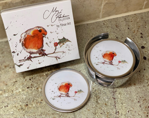 Robin & Holly Christmas Coasters set of 6 - Meg Hawkins