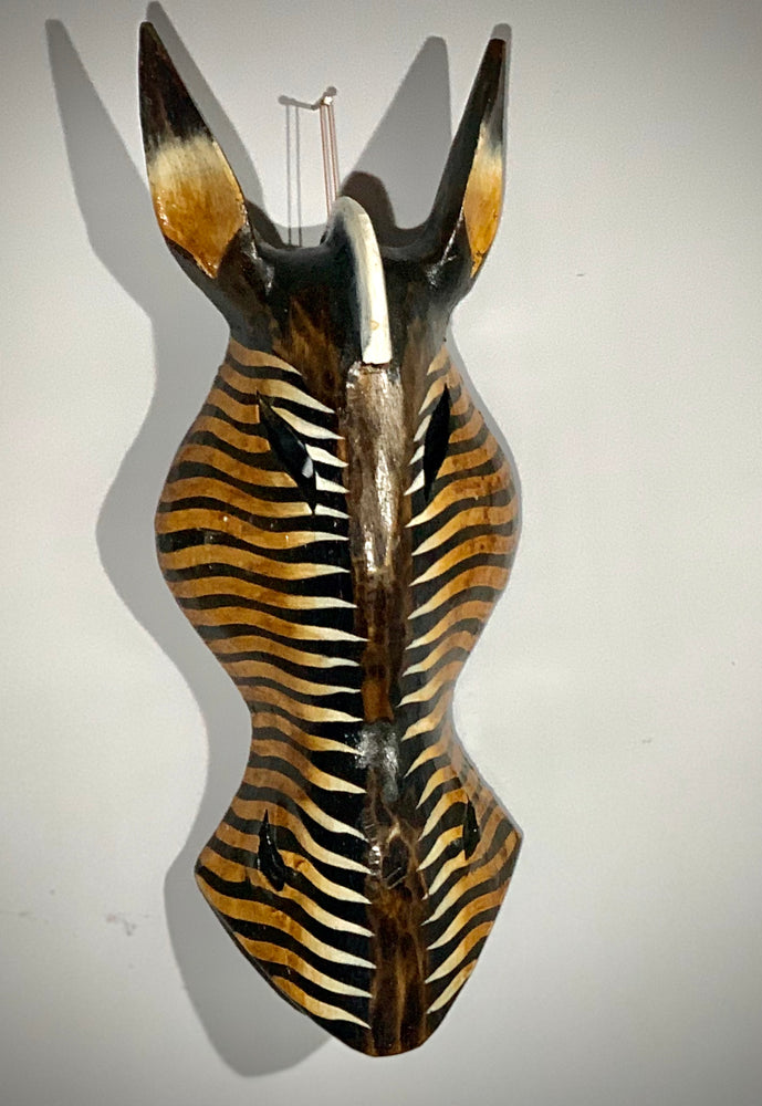Hand Carved African Zebra Tribal Mask - Dark Zig Zag - 30cm