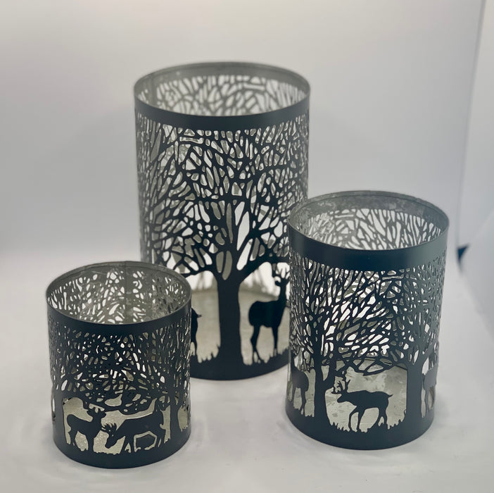 Forest Stag Lanterns Silver Grey Candle Holders - 3 Sizes