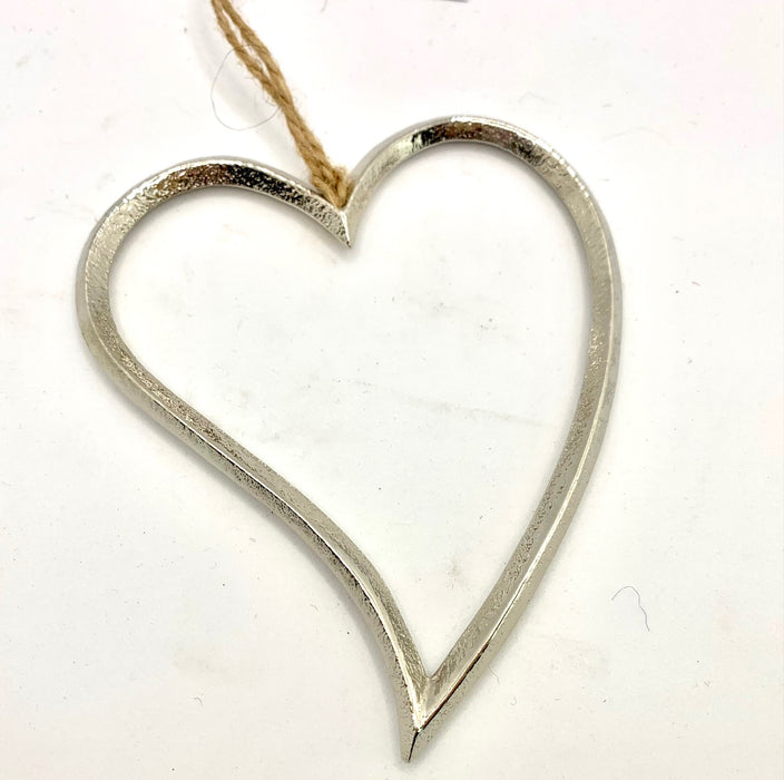 Hanging Heart - Silver Metal on Jute Hanger - 3 Sizes
