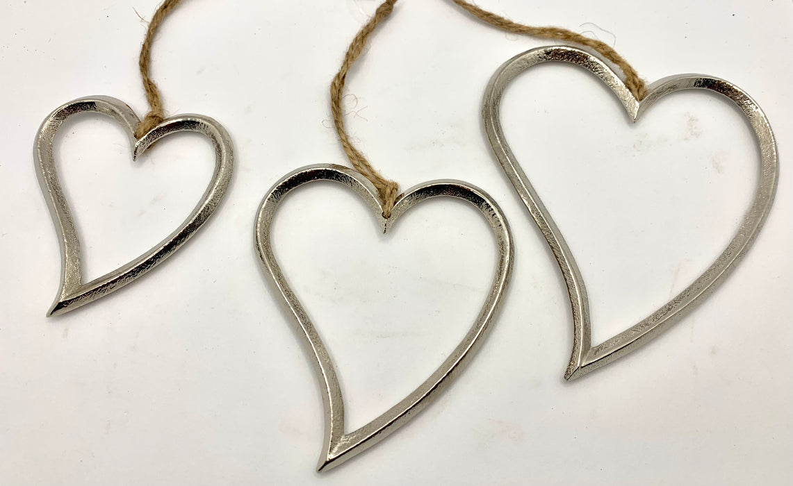 Hanging Heart - Silver Metal on Jute Hanger - 3 Sizes