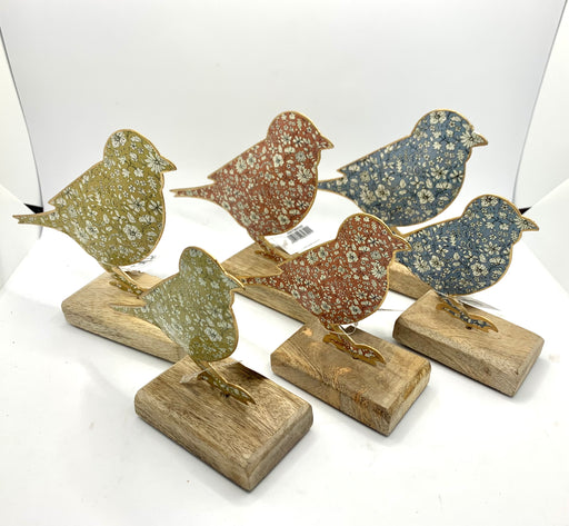 Floral Metal Bird On Wooden Base - 2 Sizes, 3 Colours