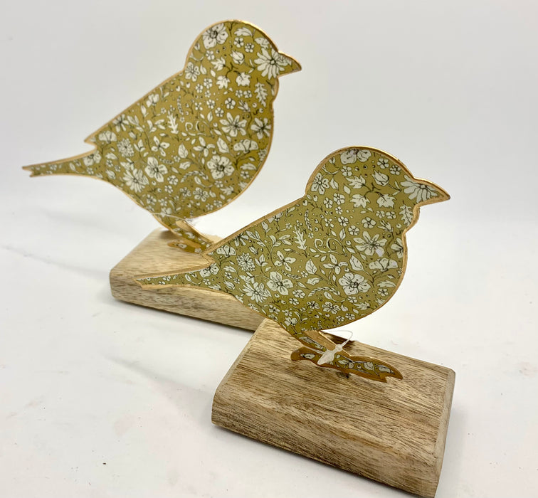 Floral Metal Bird On Wooden Base - 2 Sizes, 3 Colours