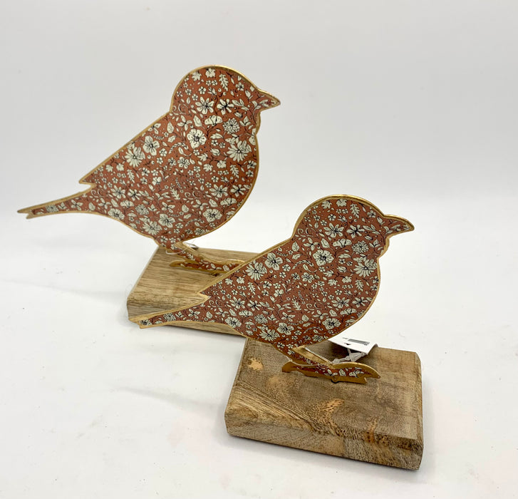 Floral Metal Bird On Wooden Base - 2 Sizes, 3 Colours