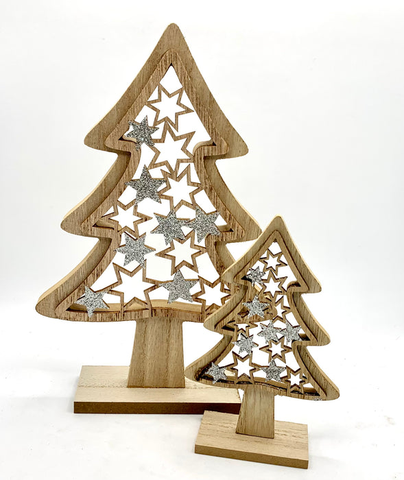 Carved Wooden Christmas Tree with Silver Stars - 2 Sizes