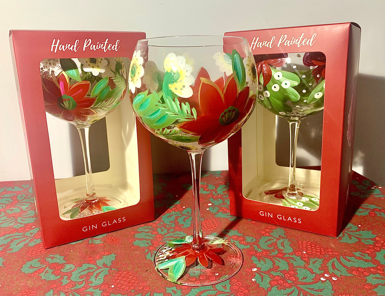 Christmas Hand Painted Gin Copa Glass - Poinsettia