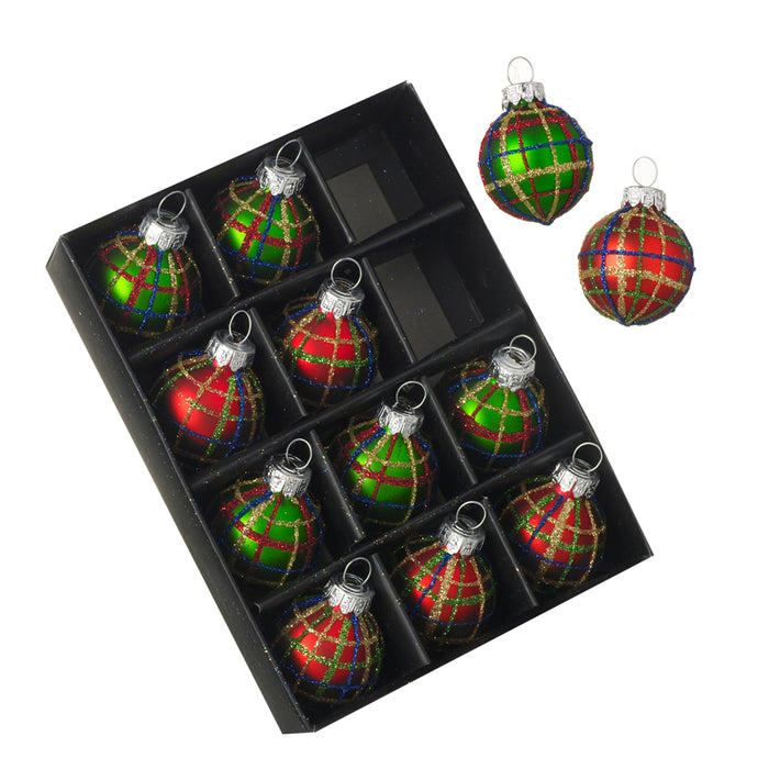 Mini Christmas Baubles - Red Green Tartan - Set of 12