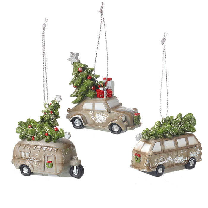 Set of 3 Festive vehicles, Caravan, Camper and Car, Christmas Tree Decorations