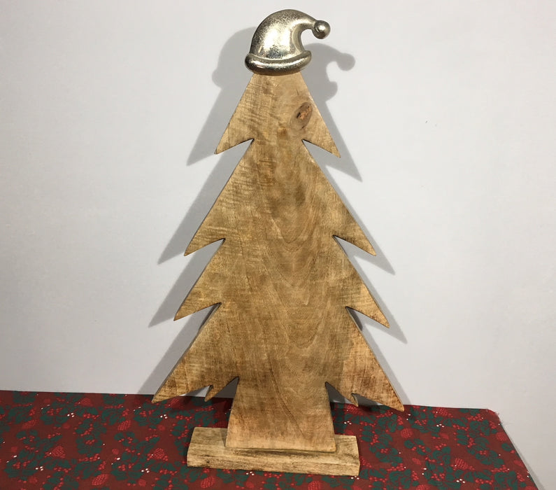 Wooden Christmas Tree with Silver Santa Hat