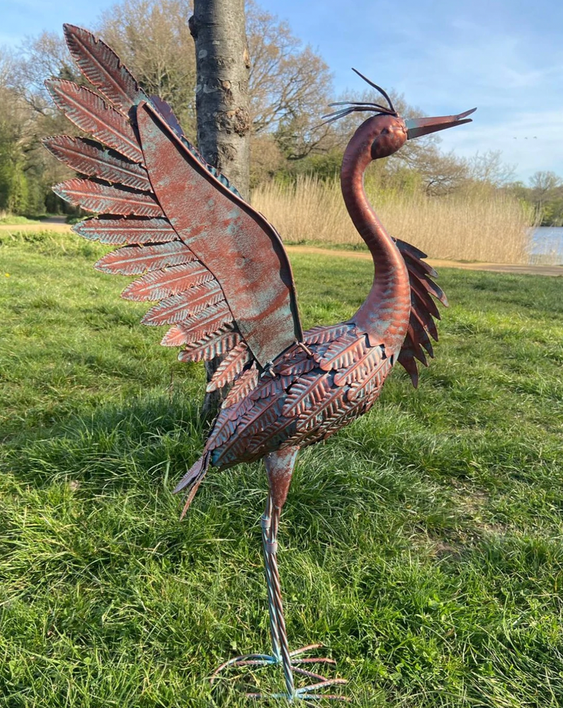 Bronze Heron Garden Sculpture - Wings up - 70cm