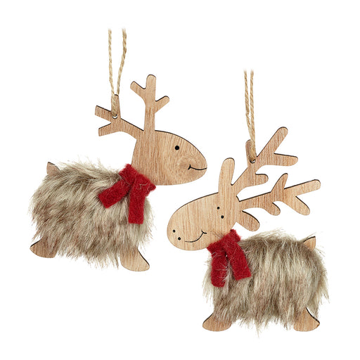 Pair of Fluffy Reindeer hanging Christmas Tree Decorations