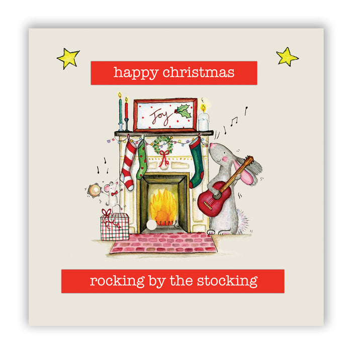 Hare Christmas Card - Rocking by the Stockings