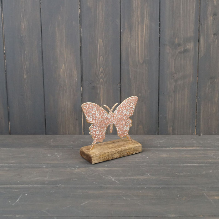 Floral Metal Butterfly On Wooden Base - 2 Sizes, 3 Colours