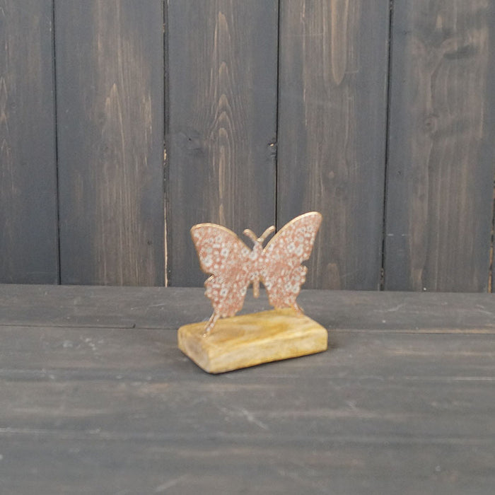 Floral Metal Butterfly On Wooden Base - 2 Sizes, 3 Colours