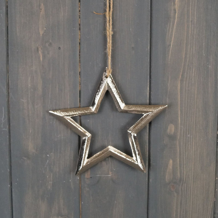 Hanging Star - Silver Metal on Jute Hanger - 3 Sizes