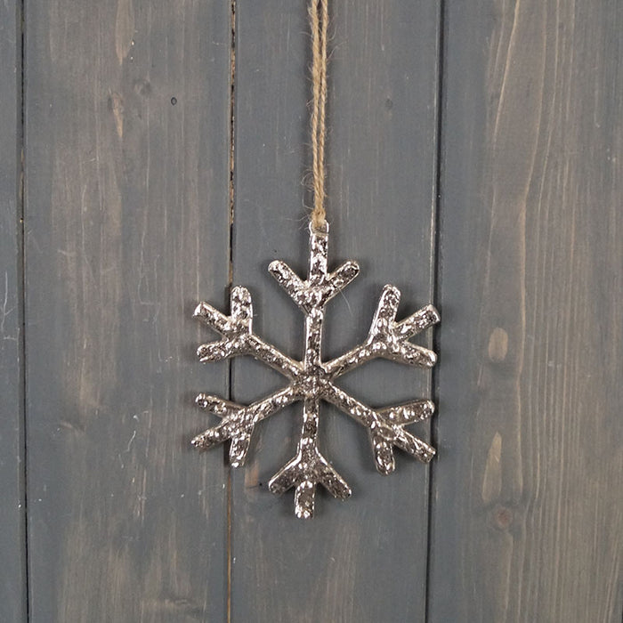 Hanging Snowflake - Silver Metal on Jute Hanger - 3 Sizes