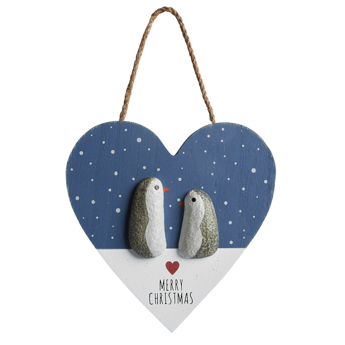 Penguin Heart Plaque - Merry Christmas - Pebble design