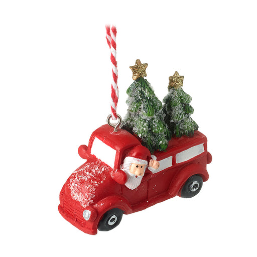 Santa in Truck Bauble with Christmas Trees - Novelty Christmas Tree Decoration