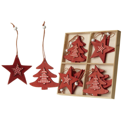 Red and White Gingam Christmas Tree Decorations - Set of 12
