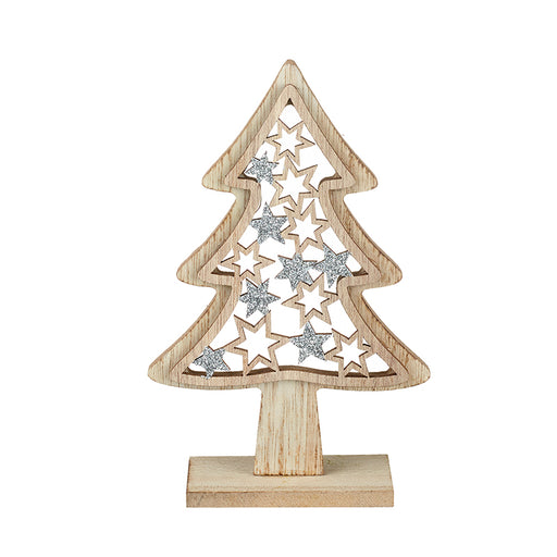 Carved Wooden Christmas Tree with Silver Stars - 2 Sizes