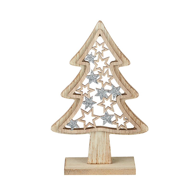 Carved Wooden Christmas Tree with Silver Stars - 2 Sizes