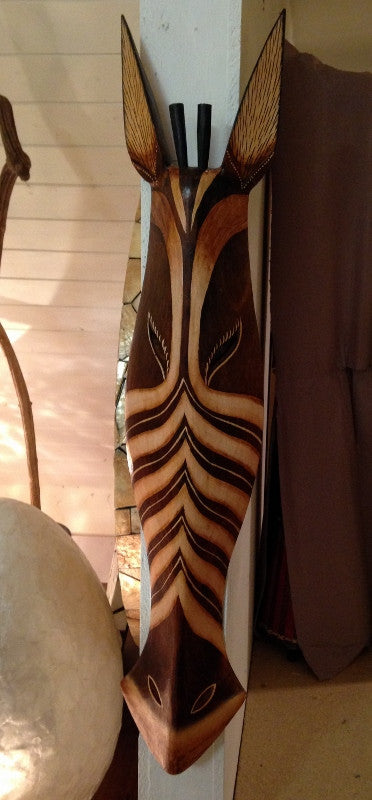 Hand Carved Brown Zebra Tribal Mask - 80cm