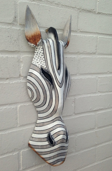 Hand Carved Silver and White Zebra Tribal Mask - 50cm