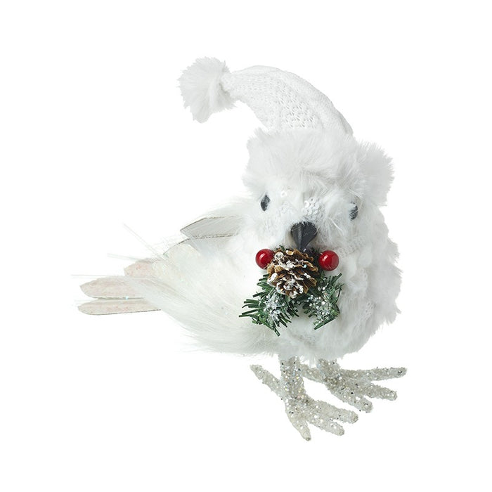 White Christmas Bird With Hat and Pinecone