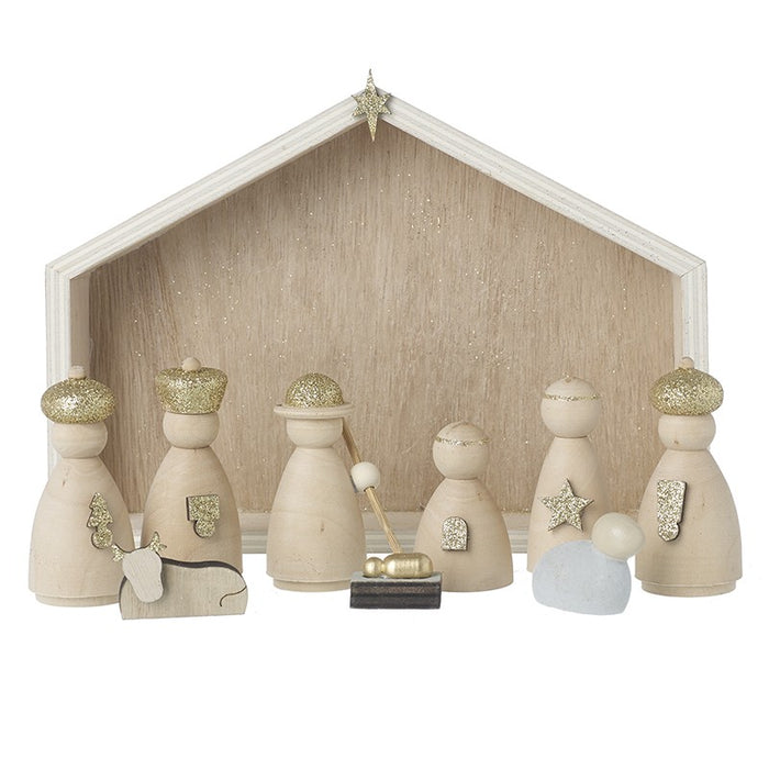 Wooden Doll Nativity Set in Stable