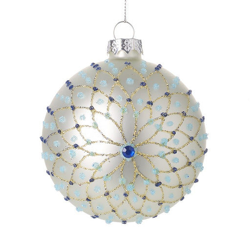White Glass Bauble with Gold Glitter and Blue Gem