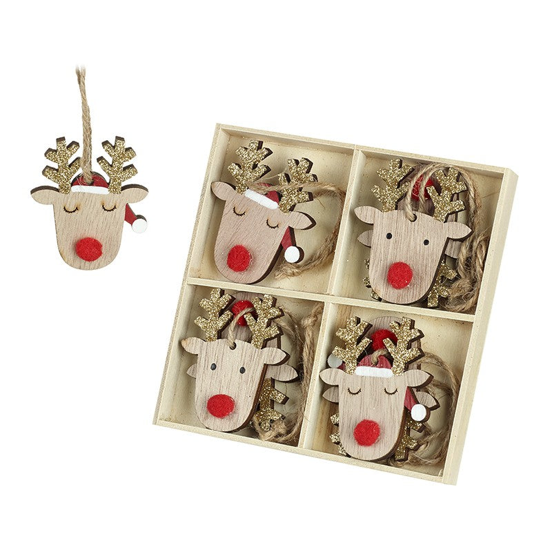 Reindeer with Gold Antlers Wooden Tree Decorations