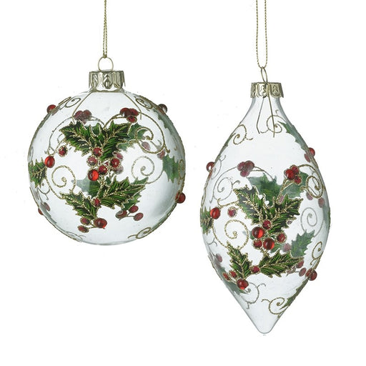 Holly Design Clear Glass Christmas Bauble