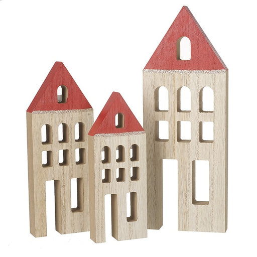 Festive Wooden Houses With Red Roof Set