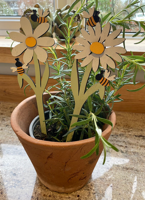 Pair of Bee & Daisy Painted Wooden Plant Sticks