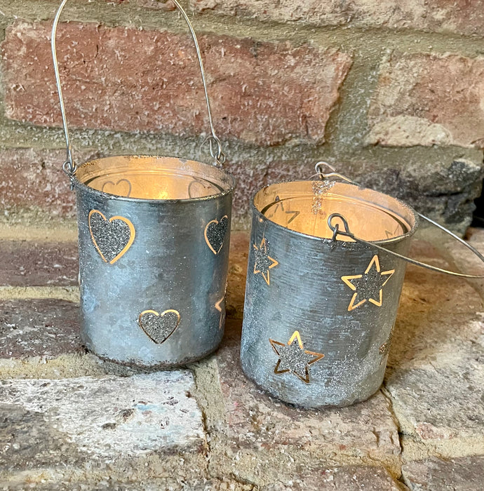 Pair of Metal Cut Out Star / Heart Christmas Tea Light Holders