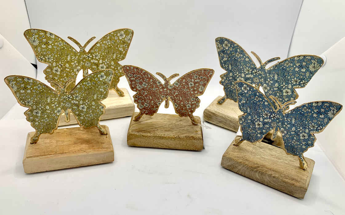 Floral Metal Butterfly On Wooden Base - 2 Sizes, 3 Colours