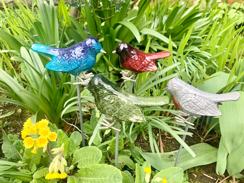 Garden Robin on Stake - Brushed Metal Bird - AluminArk Collection - 4 Colours