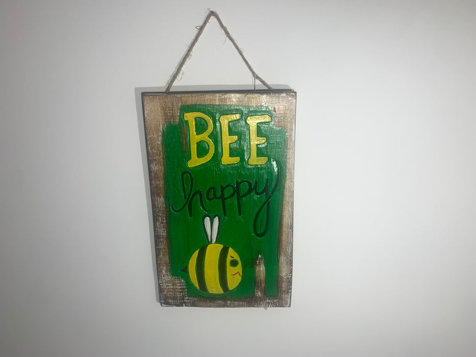 Bee happy - Brightly Hand Painted Wooden Hanging Plaque