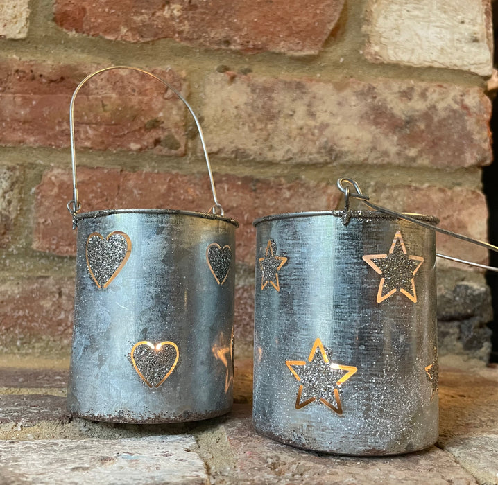 Pair of Metal Cut Out Star / Heart Christmas Tea Light Holders