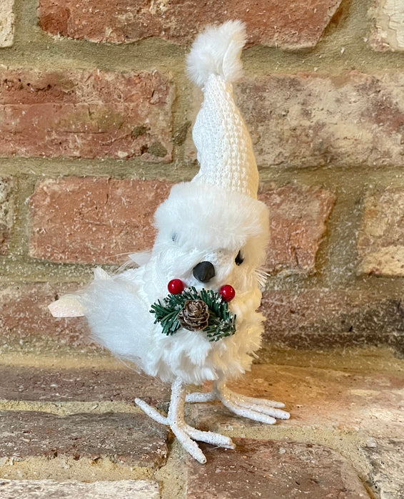 White Christmas Bird With Hat and Pinecone